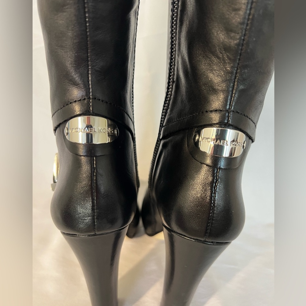 MICHAEL Michael Kors Tamara Black Leather Knee-High Heeled Boots 10 - Picture 7 of 11